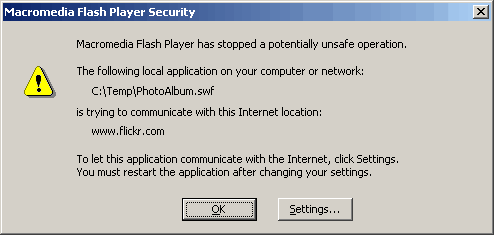 Security dialog box alerting the user to a stopped operation
