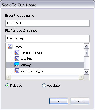 Seek to Cue Name dialog box used to enter parameters for the behavior